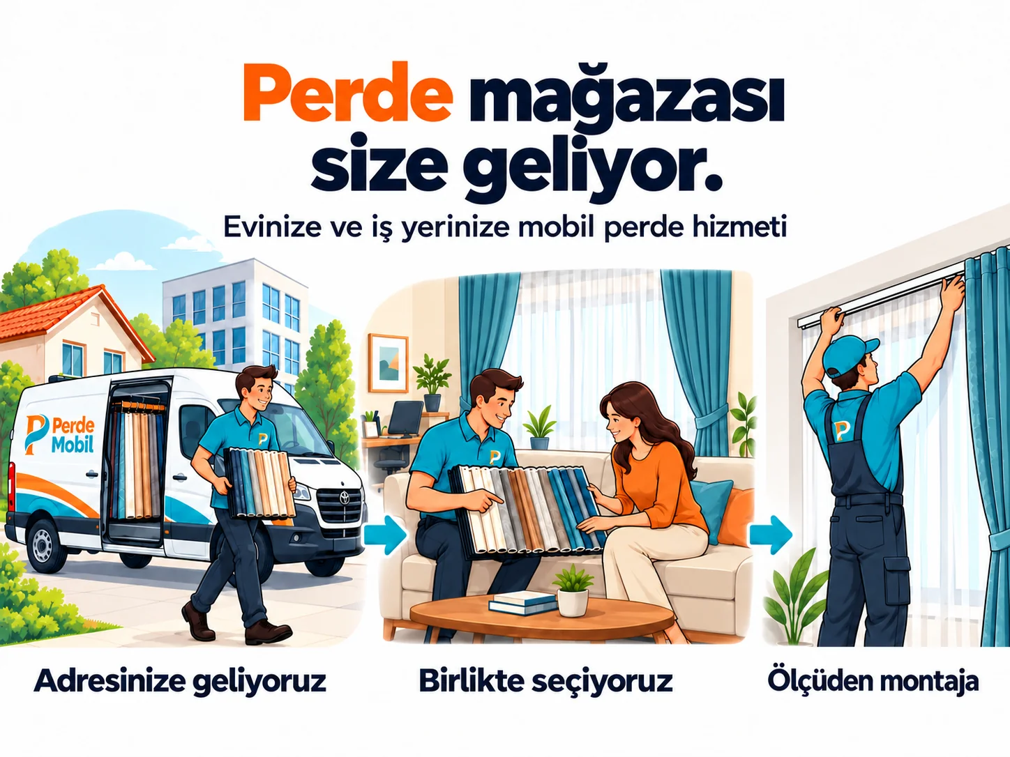 Perde Mobil’in ev ve iş yerlerine gelerek perde seçimi, ölçü ve montaj hizmetini anlatan illüstrasyon