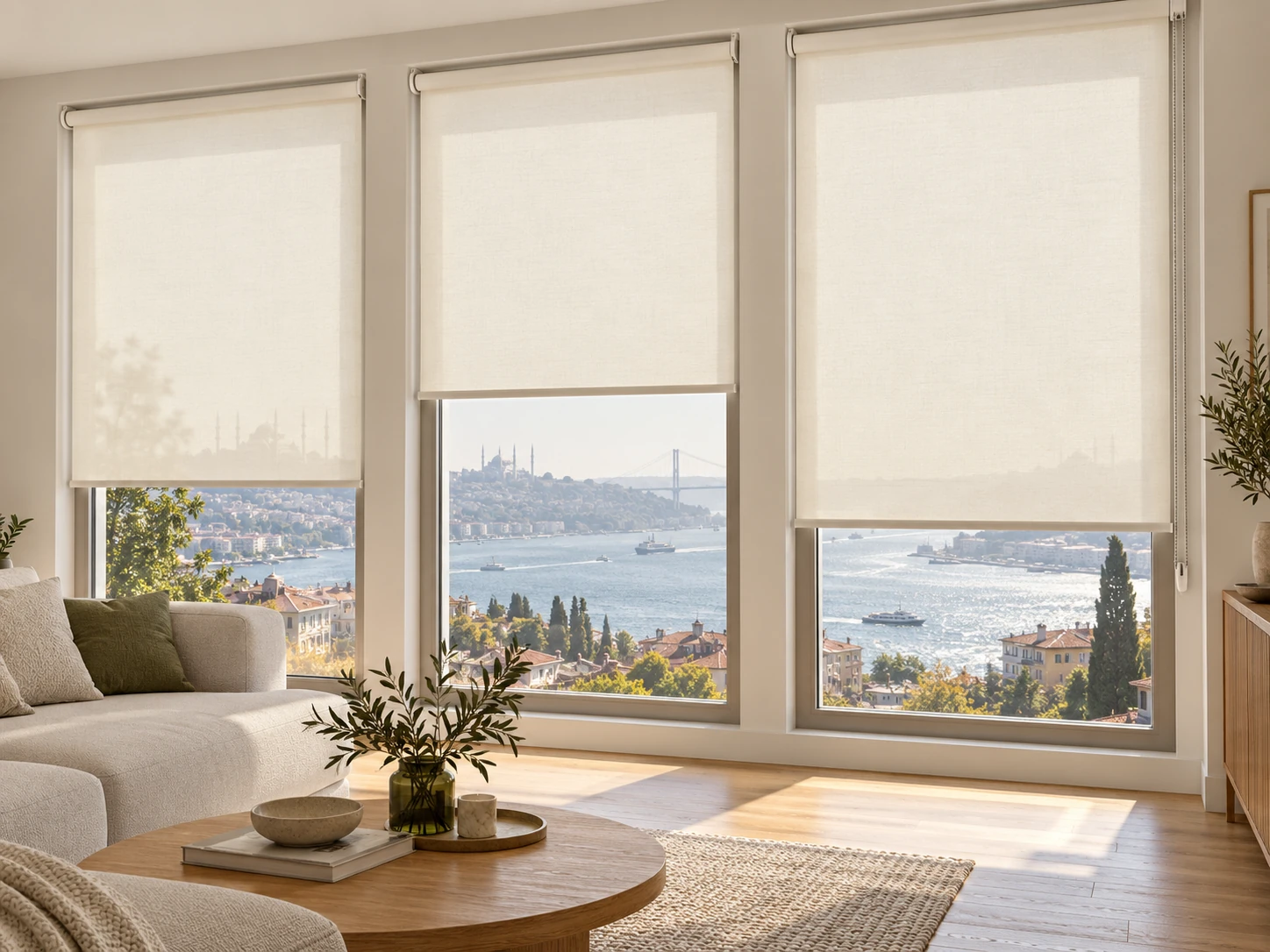 Salonda sade açık renk stor perdeler