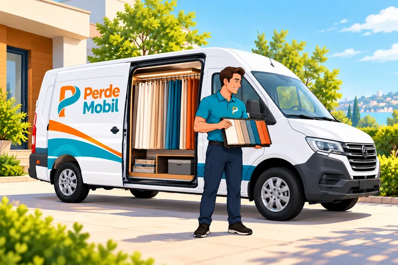 Perde Mobil Perde Mobil logolu araç ve kumaş kartelası taşıyan ekip üyesi